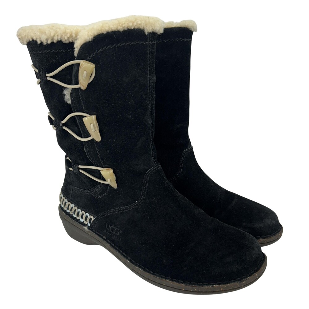 UGG Kona Boots Womens Size 9 Black Leather Shearling Mid Calf Toggle Lined Snow